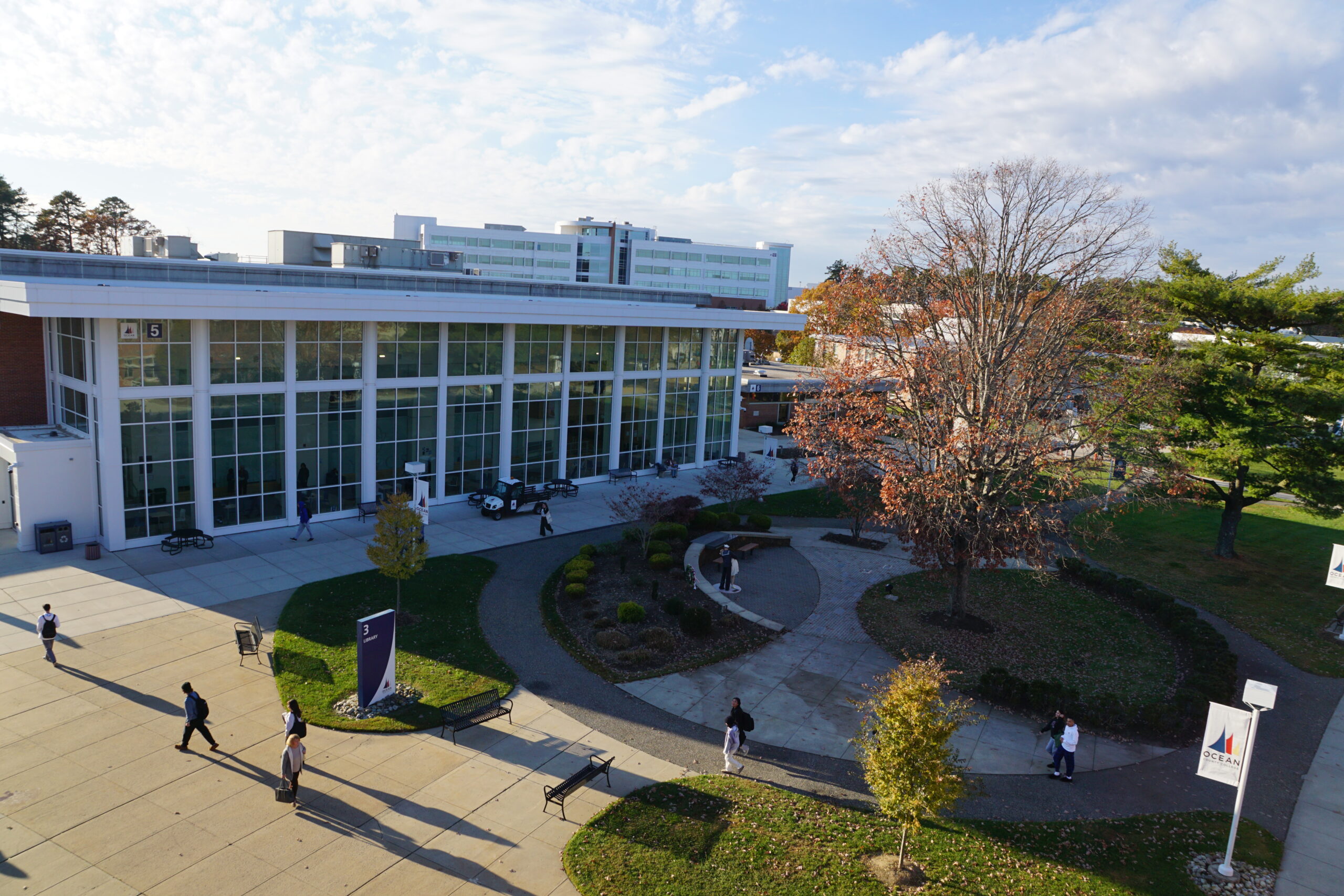 An aerial shot of the campus mall in fall